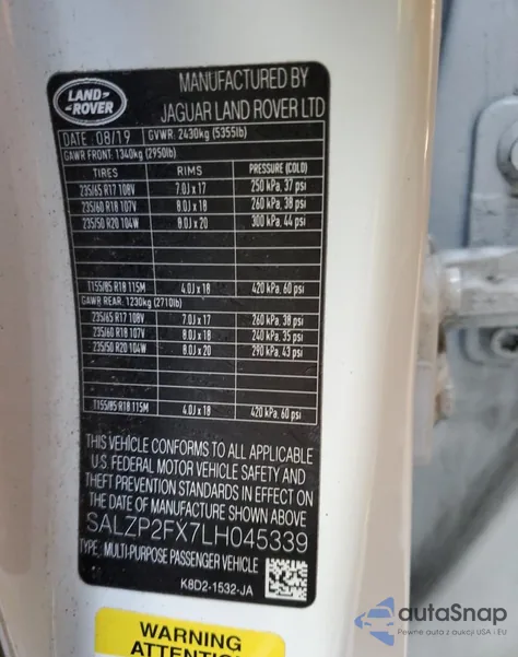 2020 Land Rover Range Rover Evoque Se из США, поврежденный, VIN SALZP2FX7LH045339